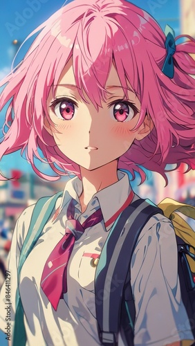 Beautiful anime girl with pink hair and expressive eyes, wearing school uniform with badges. Anime art style