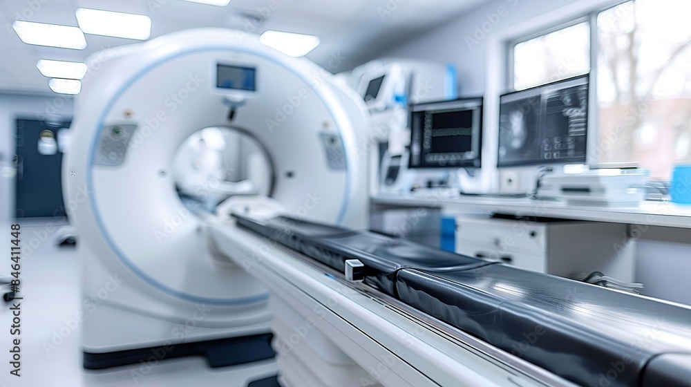 A close-up view of a modern CT scanner in a hospital room, showcasing the advanced medical technology used in healthcare A close-up view of a modern CT scanner in a hospital room, showcasing the advanced medical technology used in healthcare