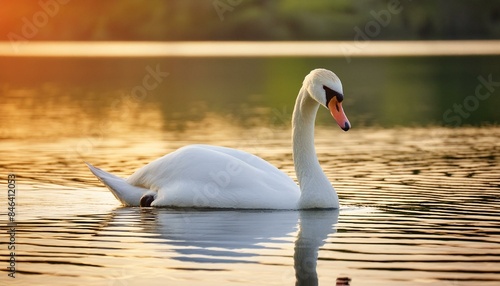 Closeup of a swan gliding smoothly across a tranquil lake at sunset