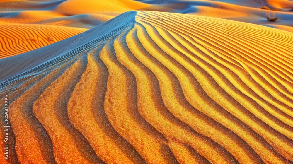 Naklejka premium A sand dune in the desert, topped by a bird in flight Sun illuminates dune summit and its base