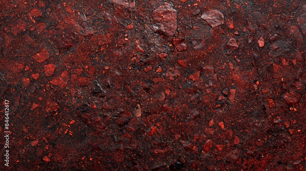 A tight shot of a red and black surface, adorned with small rocks, lies beneath; its top and bottom edges showcasing additional black rocks The surface presents a dark, harmon A tight shot of a red and black surface, adorned with small rocks, lies beneath; its top and bottom edges showcasing additional black rocks The surface presents a dark, harmon