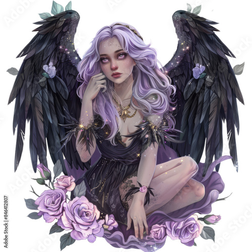 Watercolor illustration of a fairy with black wings and lavender flowers
