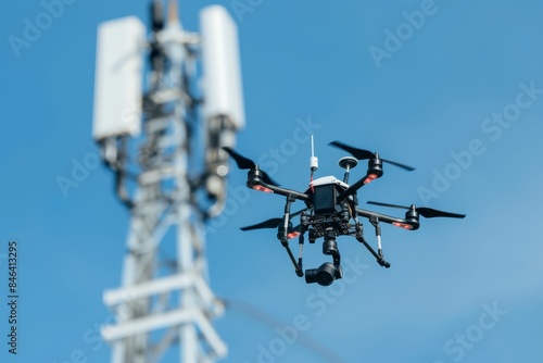 High-tech drone equipped with a camera flying near a communication tower, representing modern surveillance and wireless technology in an urban setting, Gernerative AI