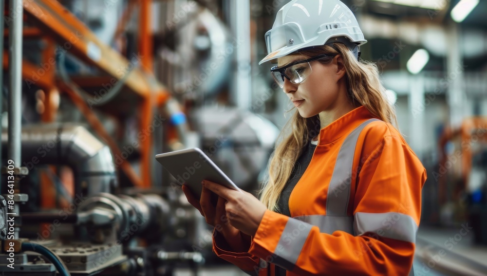 Female worker in a safety helmet holding a tablet computer working on a project in a heavy industry factory warehouse, looking away to the side and thinking about the work Female worker in a safety helmet holding a tablet computer working on a project in a heavy industry factory warehouse, looking away to the side and thinking about the work