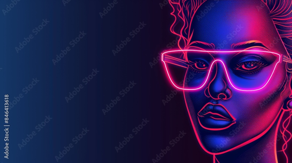 A tight shot of someone donning glasses with neon lights illuminating their face In the frame's core, a woman's visage is displayed A tight shot of someone donning glasses with neon lights illuminating their face In the frame's core, a woman's visage is displayed