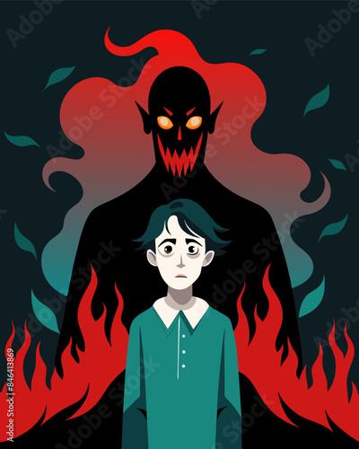 The eerie figure behind the person seemed to be a reflection of their worst fears an alter ego that reveled in chaos and destruction.. Vector illustration