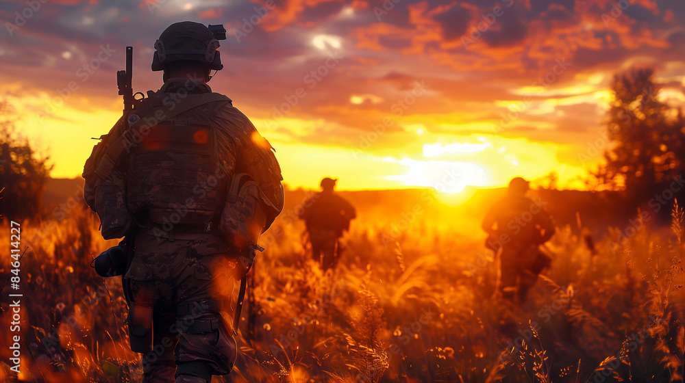 Soldiers’ helmets catch the last rays of sunlight, emphasizing their focused march forward Soldiers’ helmets catch the last rays of sunlight, emphasizing their focused march forward