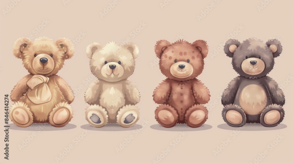 Four bears sitting on a table, each with a different color Four bears sitting on a table, each with a different color