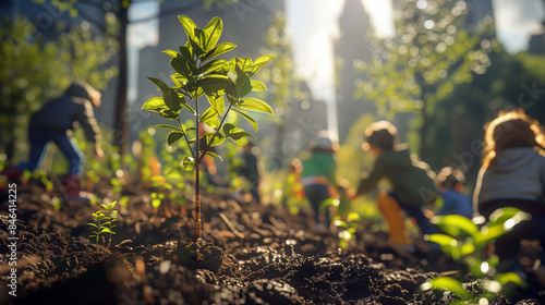 Amidst city buildings, families and volunteers work together to plant saplings