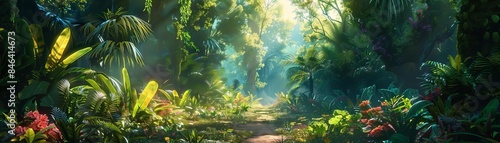 A wide-angle view of a lush jungle with vibrant flora and fauna in vivid colors, emphasizing a sense of depth and scale