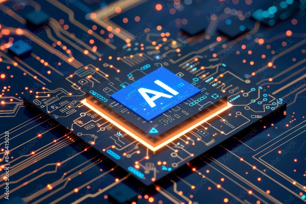 AI chip with neon lights in a digital circuit, representing advanced artificial intelligence and modern technology AI chip with neon lights in a digital circuit, representing advanced artificial intelligence and modern technology