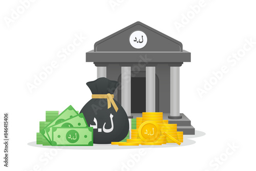 Bank building 3d icon. Gold coins, banknote and bundles of money bag with Libyan Dinar currency sign. Money savings, financial illustration icon.