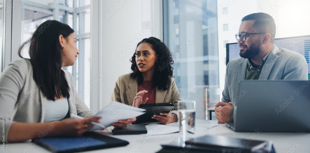 Fototapeta premium Group, people and meeting with ideas, solution and decision for business, workplace or company. Teamwork, discussion and technology for planning, collaboration and goal in brainstorming for project