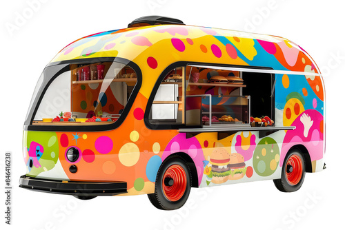 Colorful food truck with a vibrant polka dot design, serving delicious street food from its open window. Ideal for festive events.