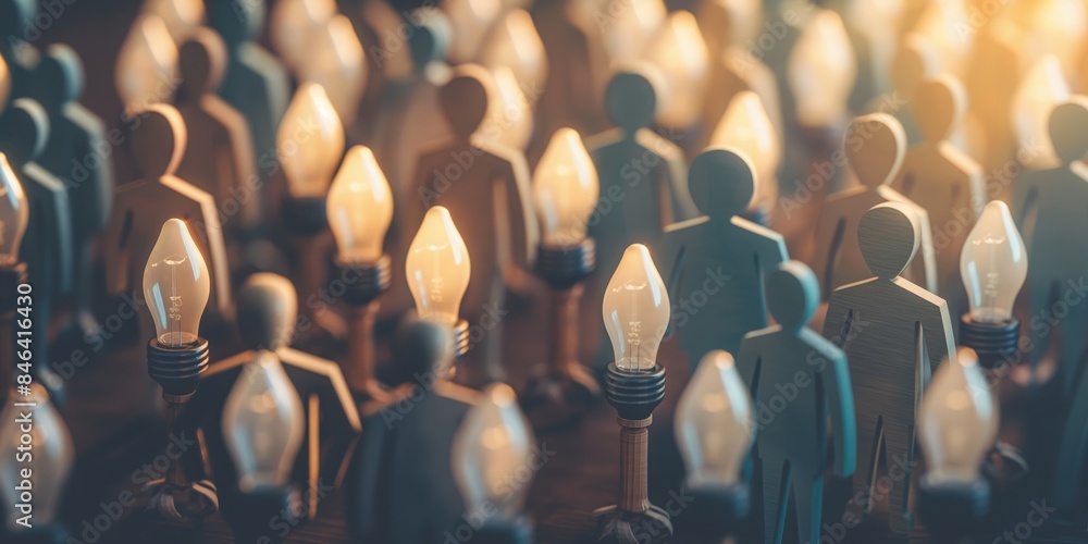 Obraz premium Wooden figures feature bulbs instead of heads, standing in soft light, symbolizing ideas, innovation, and creativity in a visually striking representation blending light and art.