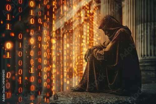 Digital code, an encrypted message in the form of digital columns. An ancient thinker unravels a digital message. Generated by artificial intelligence photo
