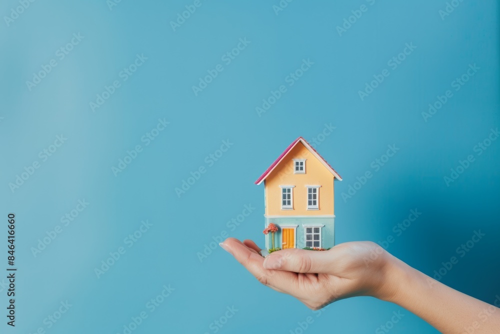 A hand holding a miniature house on a blue background, in the style of a real estate concept A hand holding a miniature house on a blue background, in the style of a real estate concept