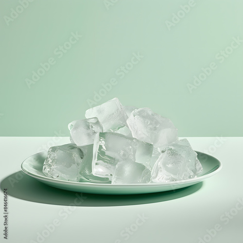 Plate of Crystal Clear Ice Cubes on a Pale Green Background..