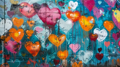 Urban graffiti wall, bursting with bright colors and love-themed hearts of various sizes, an artistic backdrop