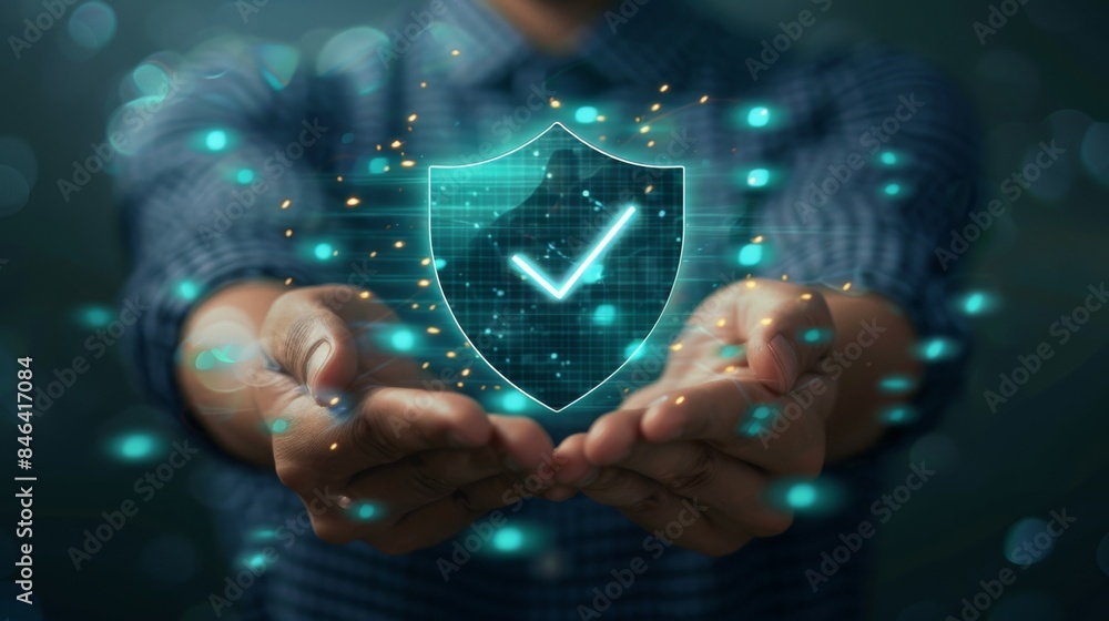 Man's Hands Holding a Shield with a Check Mark on Virtual Screen, Representing Business Technology Protection Services and Security in Internet Network Connections Man's Hands Holding a Shield with a Check Mark on Virtual Screen, Representing Business Technology Protection Services and Security in Internet Network Connections
