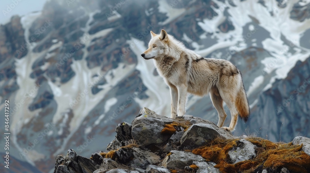 Obraz premium A photograph of a lone wolf standing on a mountain representing inner strength and independence.