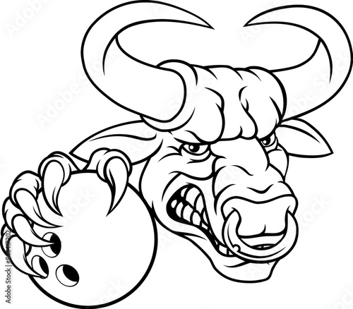 A bull or Minotaur monster longhorn cow angry mean ten pin bowing mascot cartoon. photo