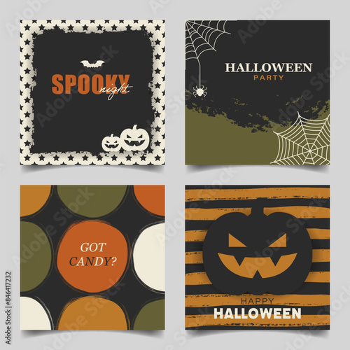 Square Halloween Template Set. Four square background designs with classic Halloween theme, ideal for social media posts, greeting cards, invitations, etc.