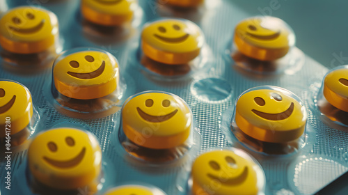 Close up of Yellow Smiley Face Pills on Textured Surface