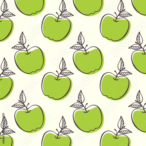 Pattern with green apples silhouette, hand drawn.