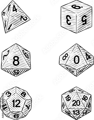 A set of common game dice used for roleplaying RPG or fantasy tabletop board games in a vintage retro woodcut style