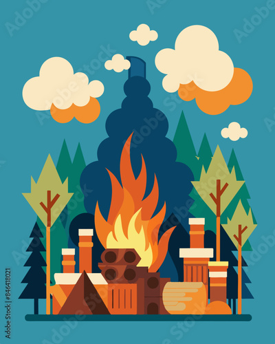 The burning smell of smoldering wood fills the air as trees are down and burned to make way for industrial development.. Vector illustration