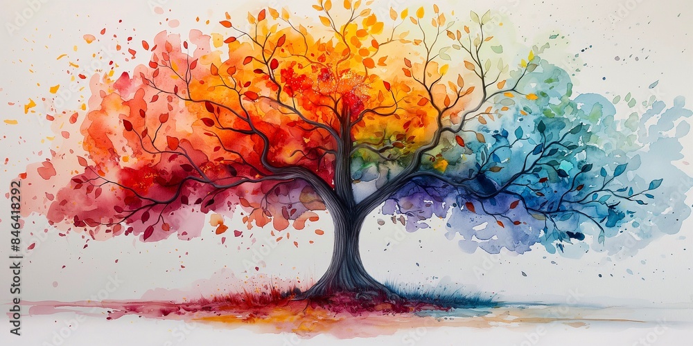 A beautiful tree with colorful leaves, watercolors on canva