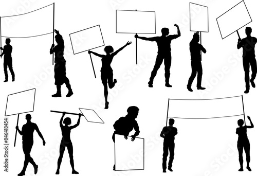Protestors or demonstrators men and women. At a demonstration march, picketing line or strike protest rally in silhouette. Holding banners, picket signs and megaphone or mega phone.
