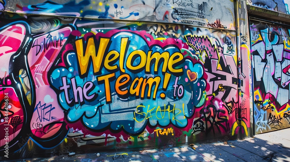 Graffiti Welcome to the Team Street Art. Vibrant street art with graffiti text Graffiti Welcome to the Team Street Art. Vibrant street art with graffiti text