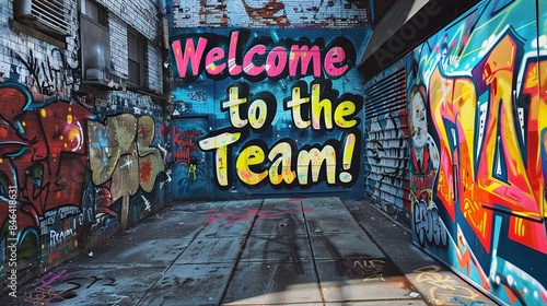 Graffiti Welcome to the Team Street Art. Vibrant street art with graffiti text 