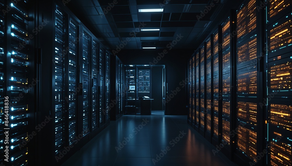 Fototapeta premium A picture of a server room with rows of network servers. The room supports backup, mining, hosting, mainframes, and computer racks with storage 