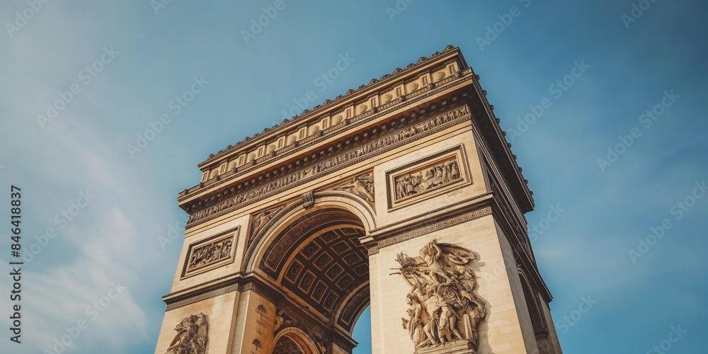 Fototapeta premium This image captures the iconic Arc de Triomphe in Paris, towering majestically against a clear blue sky, showcasing its intricate architectural details.