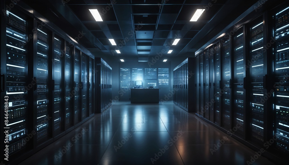 Fototapeta premium A picture of a server room with rows of network servers. The room supports backup, mining, hosting, mainframes, and computer racks with storage 
