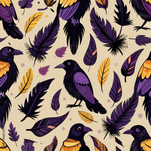 Seamless pattern of sinister ravens and crow feathers, Generative AI