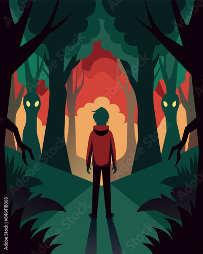 The shadows in the forest surrounded her their whispers urging her to wander deeper into the unknown.. Vector illustration