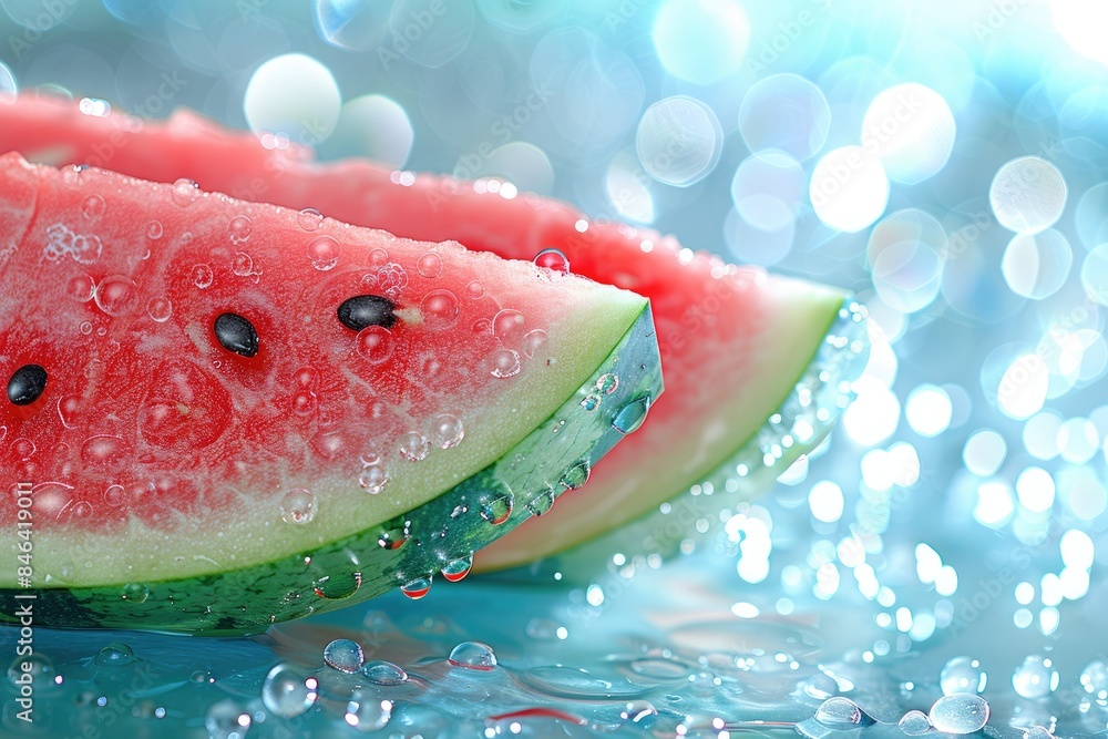 Sliced fresh watermelon with bubbles on water professional photography Sliced fresh watermelon with bubbles on water professional photography