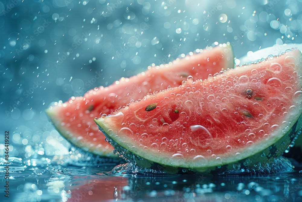 Sliced fresh watermelon with bubbles on water professional photography Sliced fresh watermelon with bubbles on water professional photography