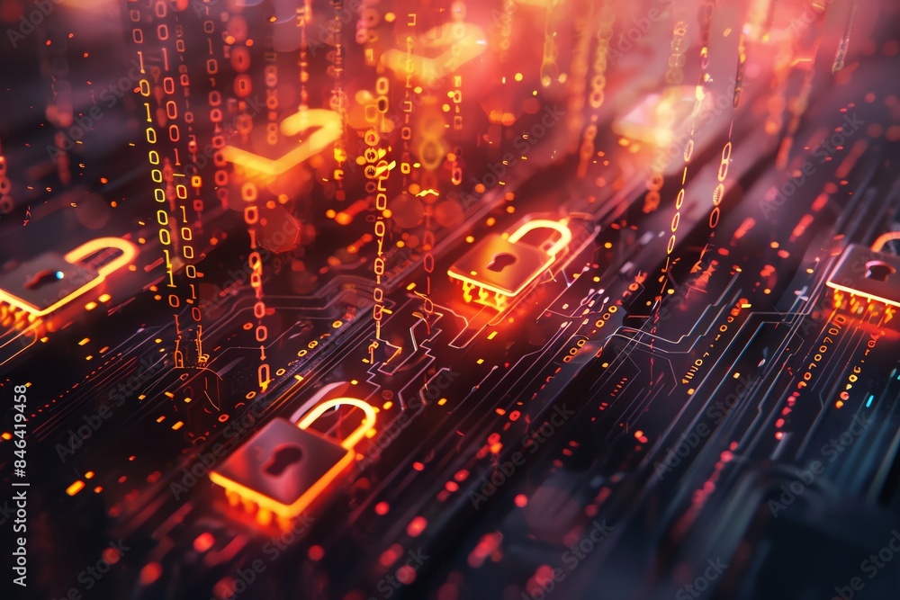 Digital cybersecurity concept with neon padlocks over circuit board background, representing data security and protection in technology. Digital cybersecurity concept with neon padlocks over circuit board background, representing data security and protection in technology.