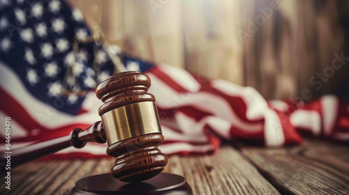 Wooden Gavel and American Flag in Judicial Setting photo