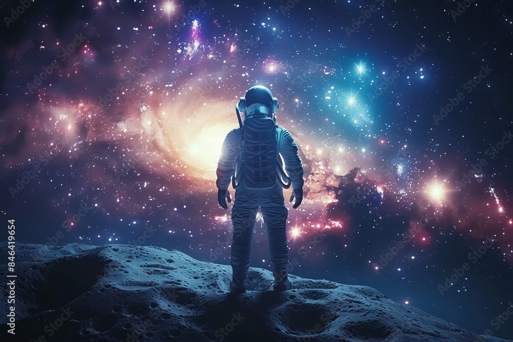 astronaut standing on the moon looking to the earth under galaxy start space. astronaut standing on the moon looking to the earth under galaxy start space.