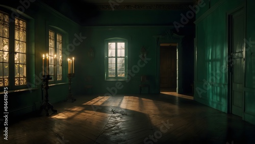  A scene unfolding in a greenish room filled with flickering candlelight and mysterious shadows ai-generated