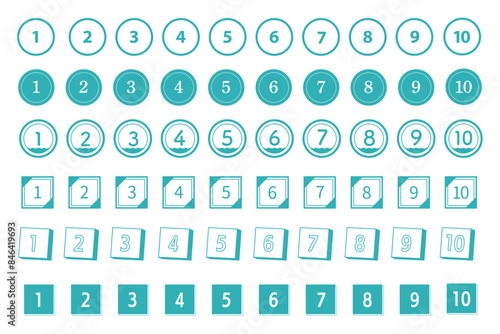 シンプルな丸と四角の数字　１−10までのイラストセット　青緑