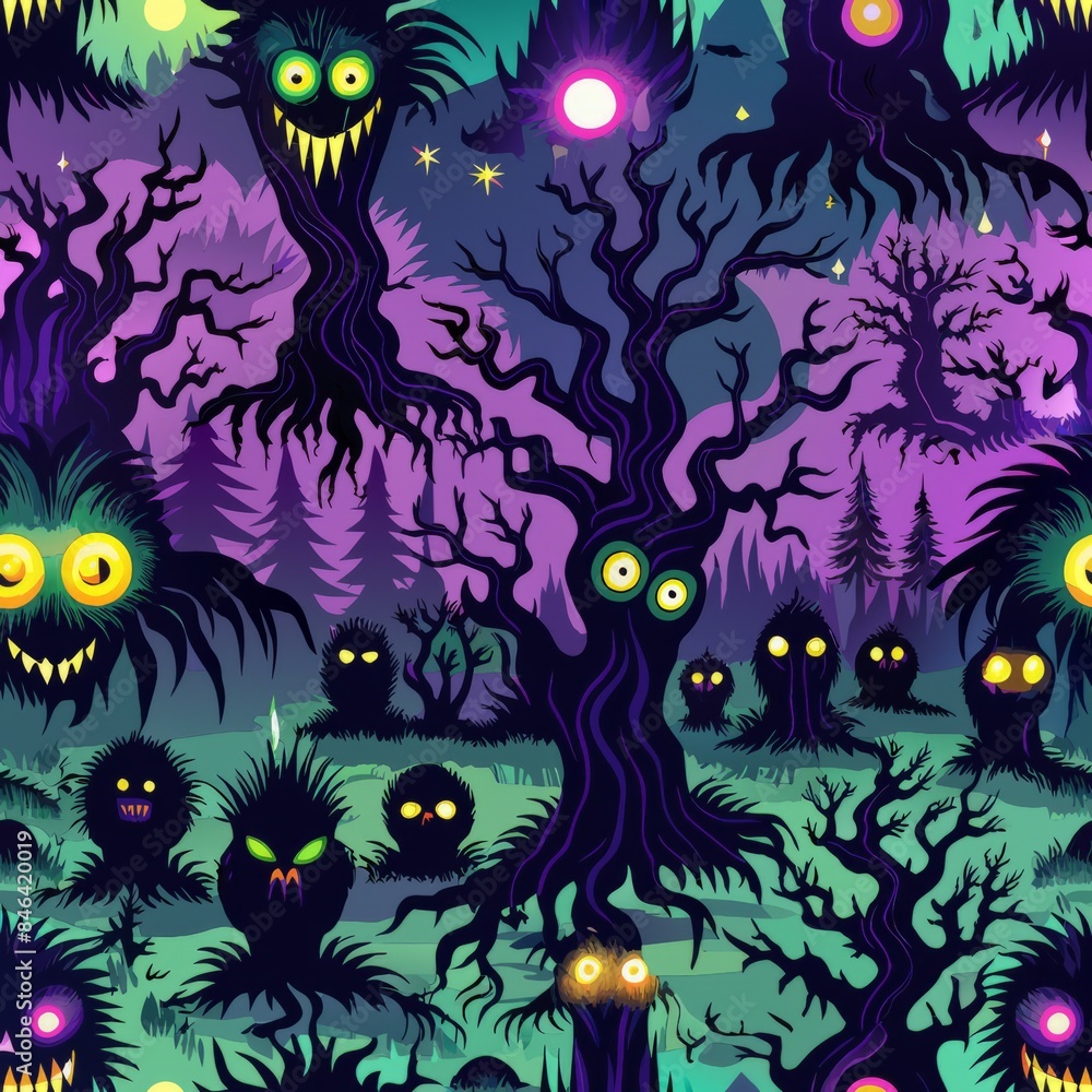 Seamless pattern of spooky forest scenes with gnarled trees and glowing eyes, Generative AI