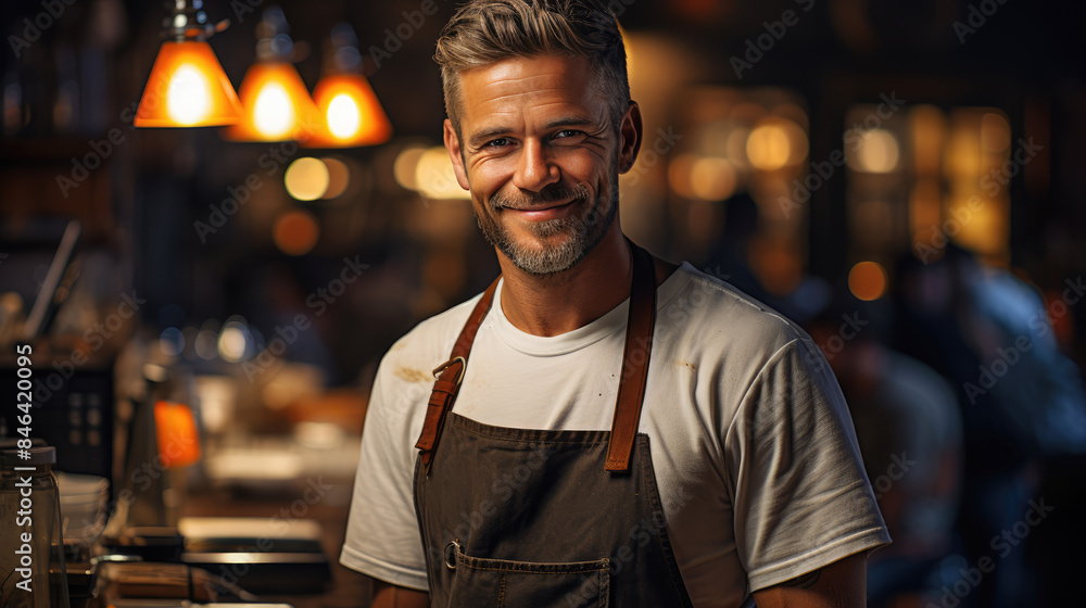 Fototapeta premium generated illustration of confident young bartender standing behind bar.
