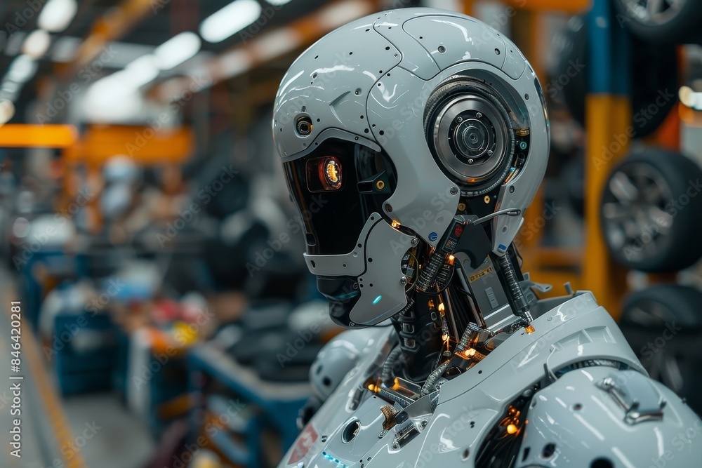 Robot with artificial intelligence in a car repair shop, car service Robot with artificial intelligence in a car repair shop, car service